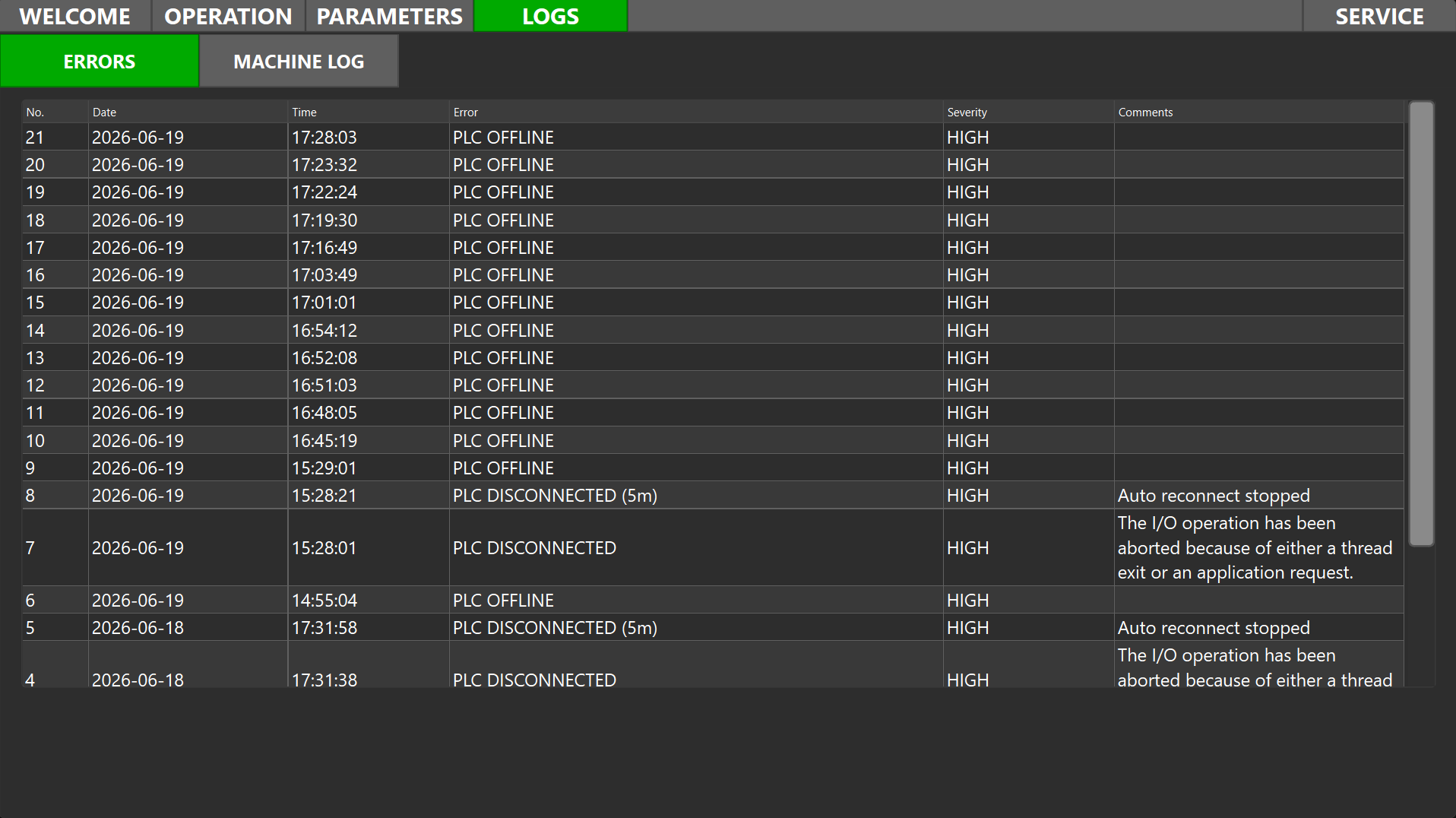 Error Log Panel screenshot