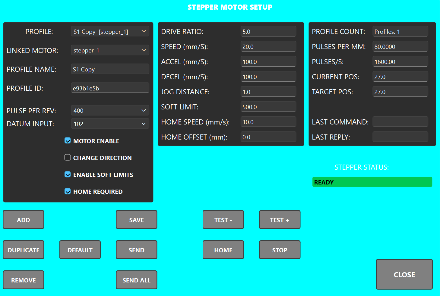 Stepper Setup Panel screenshot